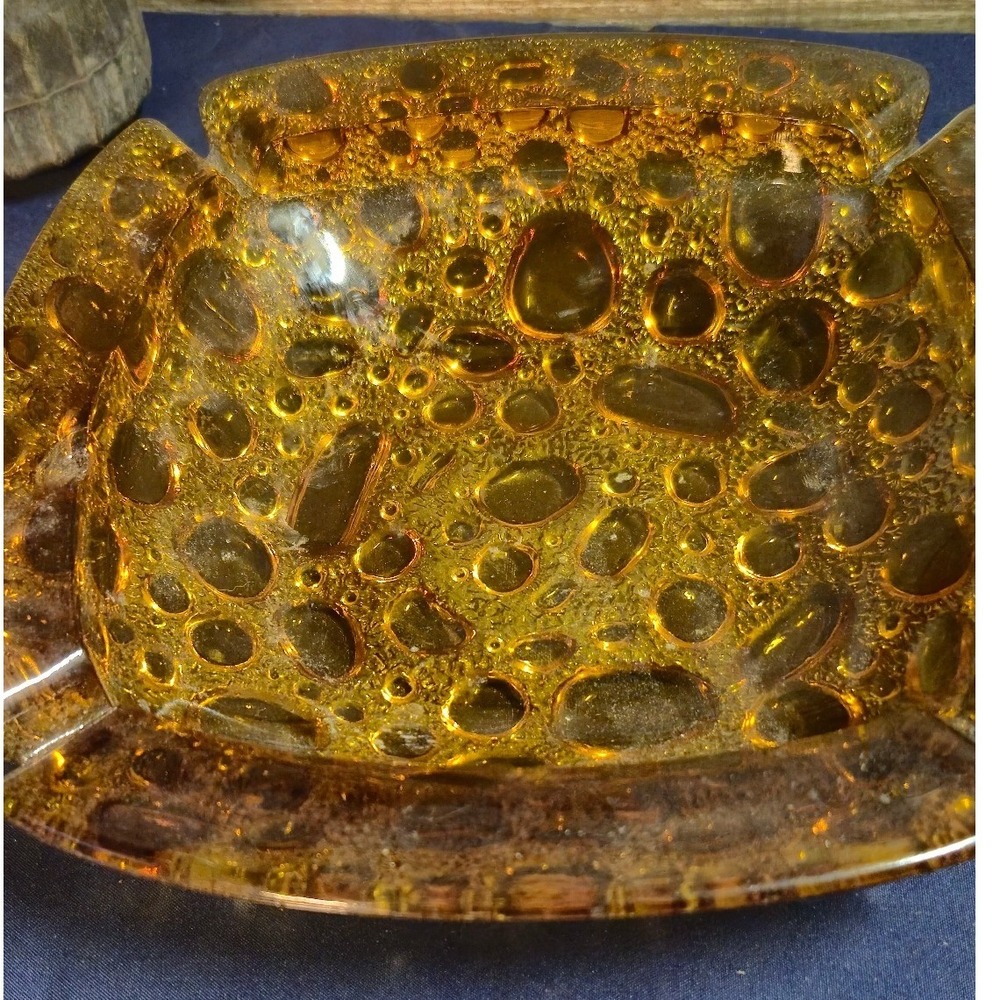 Vintage MCM Amber‎ Art Glass Bubble Crater Ashtray Square Mid Century Modern 8in